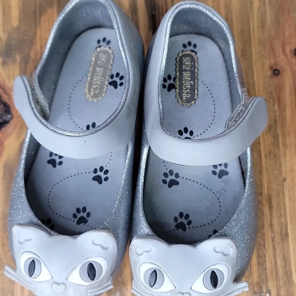Mini Melissa. Size 8. Kids Glittery Cat Shoes - Gray. EUC